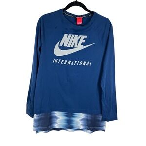 Nike International Women's Long Sleeve Graphic Top Blue Layered Hem - Size Large